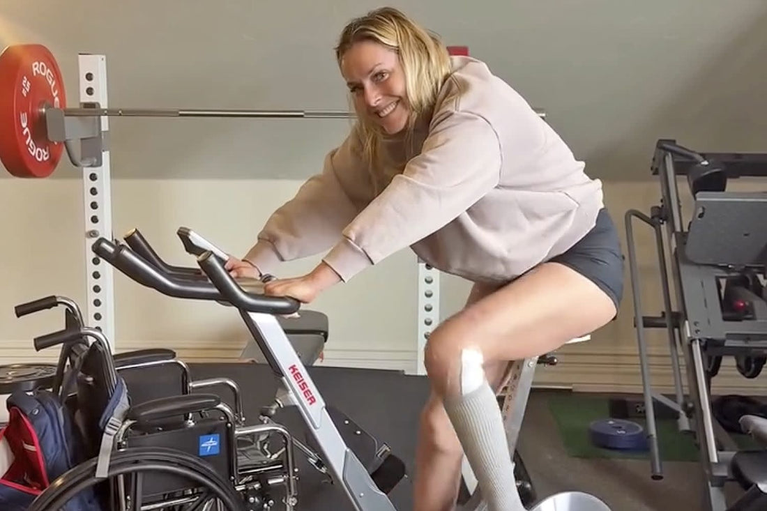 Lindsey Vonn training on a stationary bike during recovery