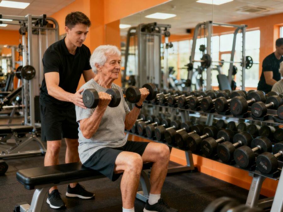Older man strength training with dumbbells in a gym