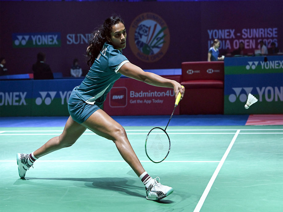 PV Sindhu lunging during a badminton match