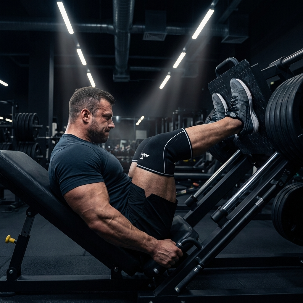 Muscular athlete performing a heavy leg press in a dark strength-training gym