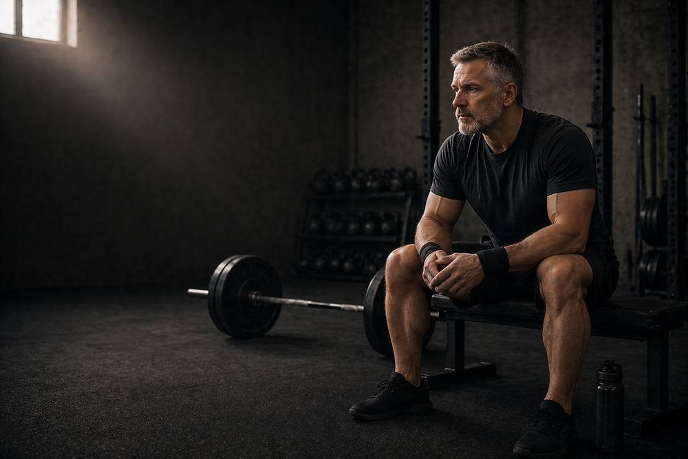 Middle-aged lifter recovering between strength training sets