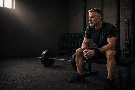 Middle-aged lifter recovering between strength training sets