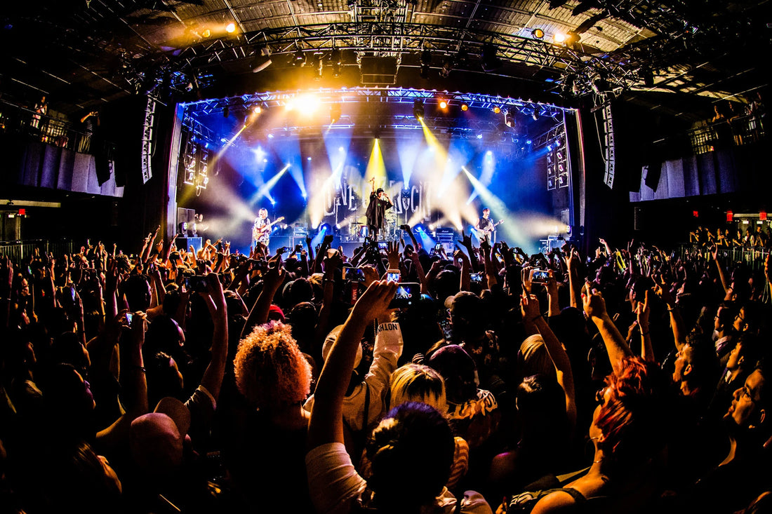 Heavy rock and metal concert crowd under stage lights