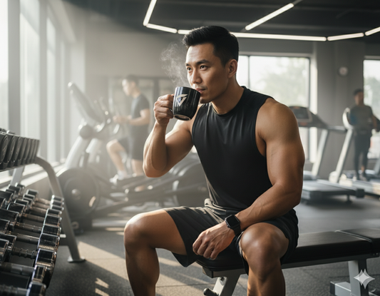 Black coffee beside gym equipment before training