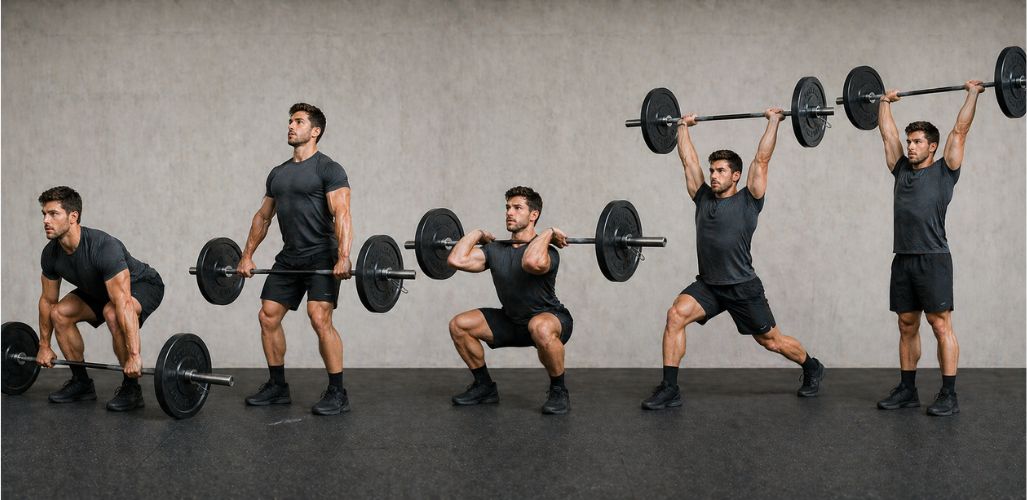 Athlete moving through a full-body barbell complex for strength and conditioning