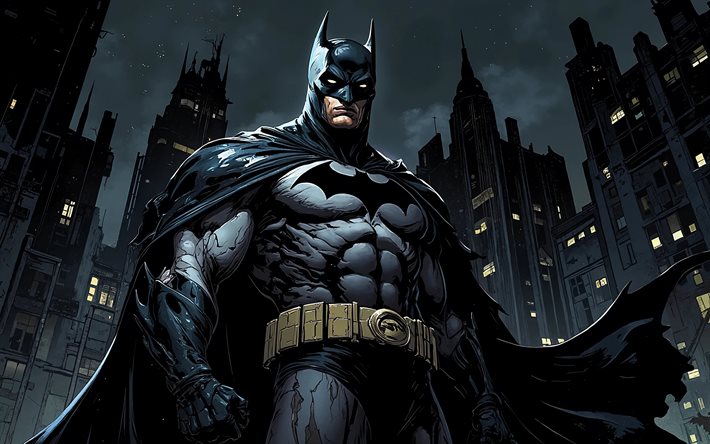 Muscular Batman in a dark Batsuit emphasizing broad shoulders and a powerful upper frame
