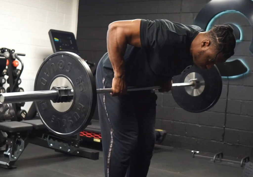Upper-body strength training with a bent-over barbell row