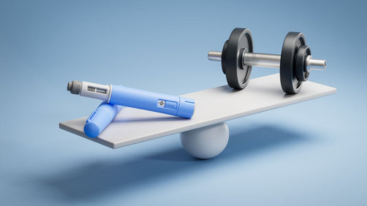 Blue injection pens and a black dumbbell balanced on opposite ends of a white platform