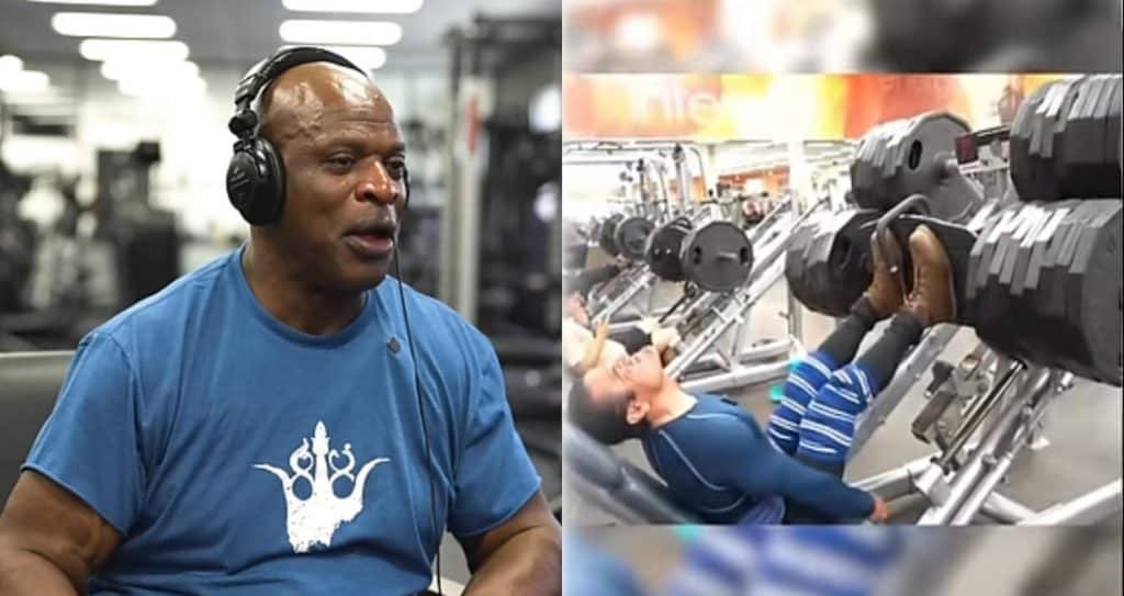 El Campeon performing a heavily loaded leg press, shown beside a reaction shot from Ronnie Coleman