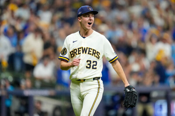 Milwaukee Brewers pitcher Jacob Misiorowski reacts during the 2026 National League Championship Series