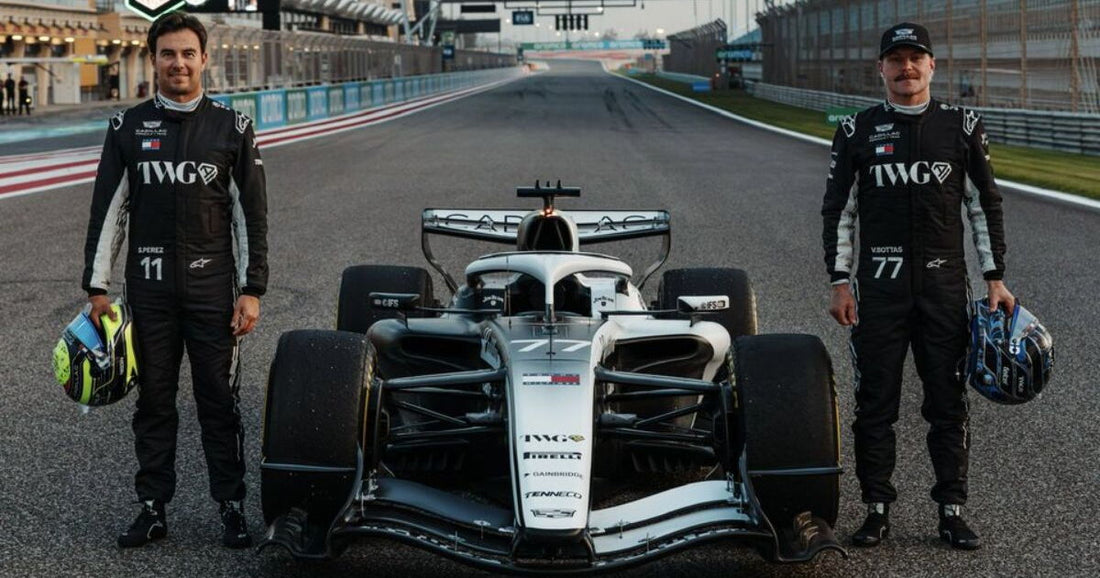 Sergio Perez beside Cadillac's 2026 Formula 1 car