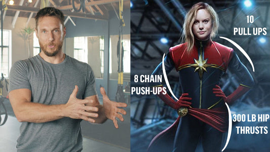 Celebrity trainer Jason Walsh standing in a gym beside an image of Brie Larson as Captain Marvel with strength-training statistics