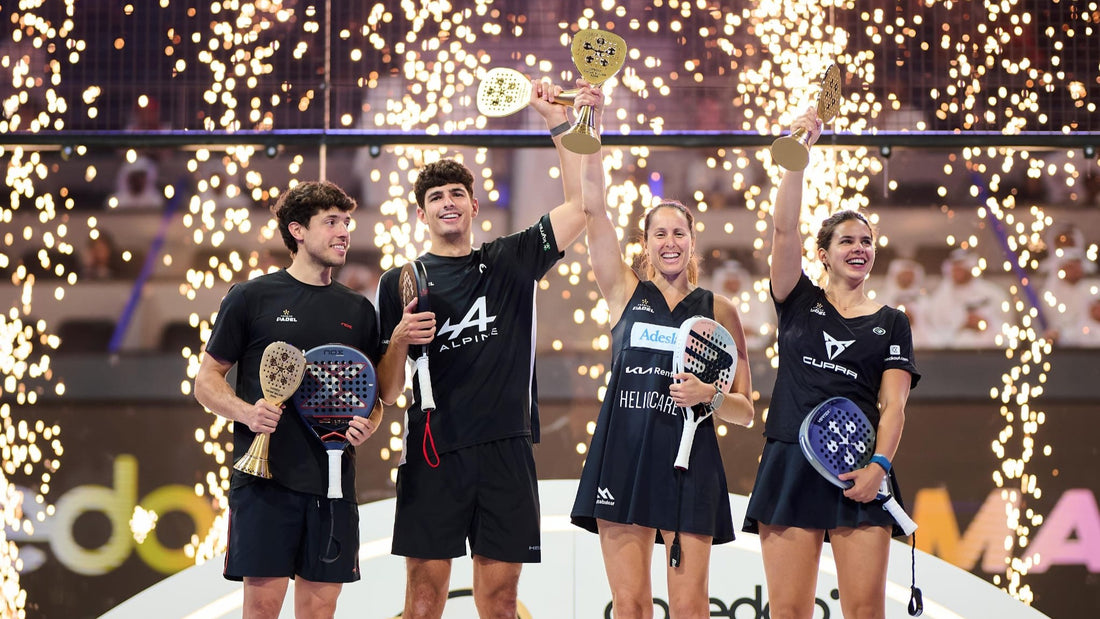 Coello, Tapia and Triay celebrating a 2026 Doha padel title