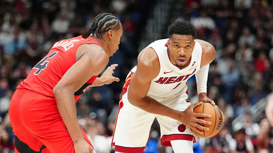 Giannis Antetokounmpo drives in a Miami Heat jersey against Toronto during October 2026 preseason