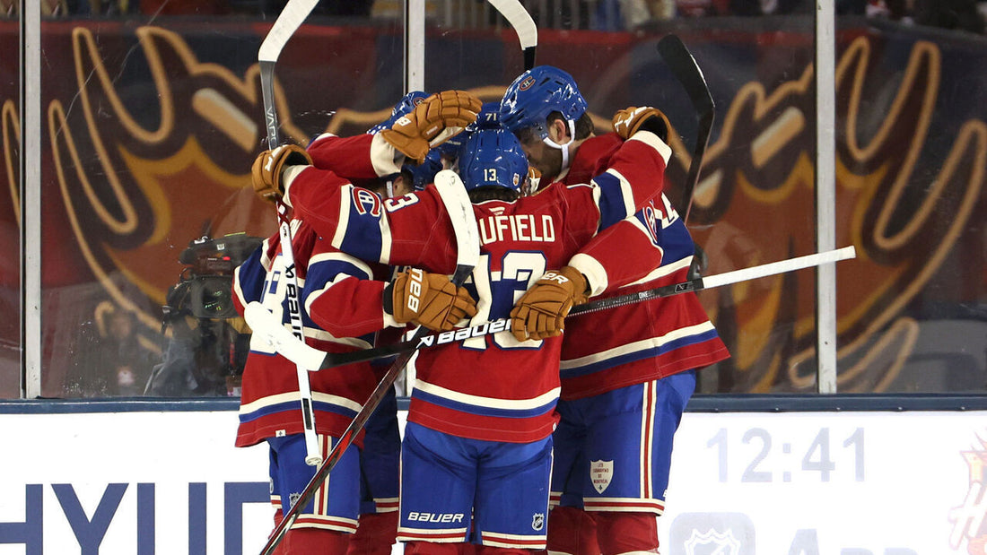 Lane Hutson celebrates with Montreal Canadiens teammates at the 2026 Heritage Classic in Winnipeg