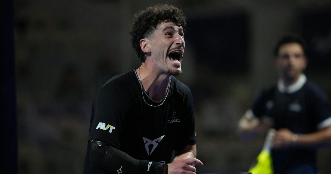 Thomas Leygue celebrates at the September 2026 Paris Major wearing a black padel competition shirt.