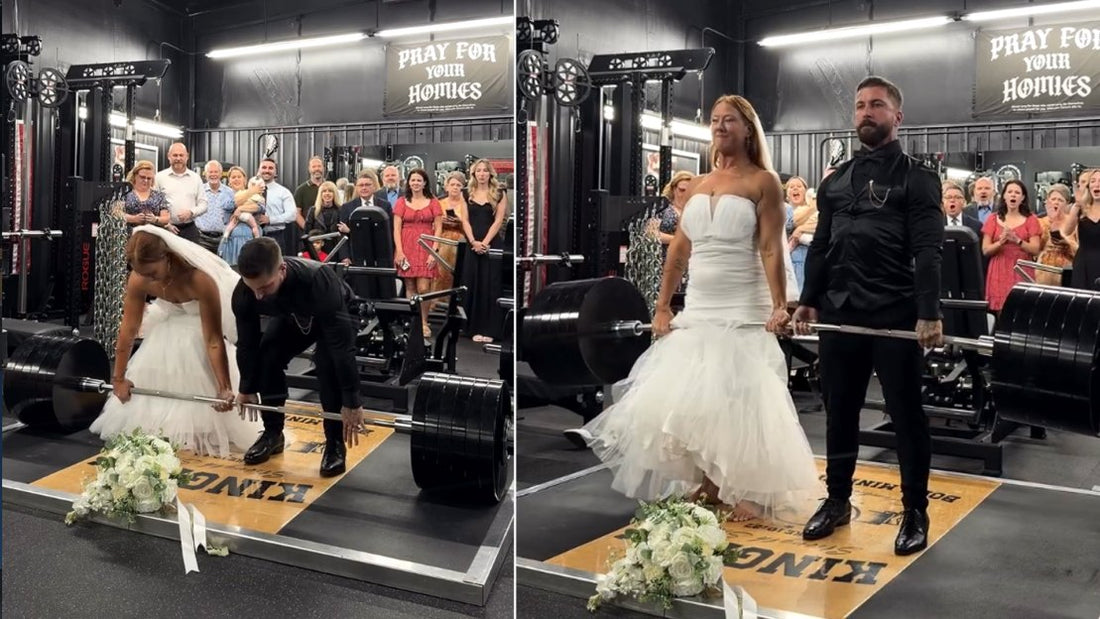 Bride and groom performing a 600-pound tandem deadlift in a gym wedding ceremony