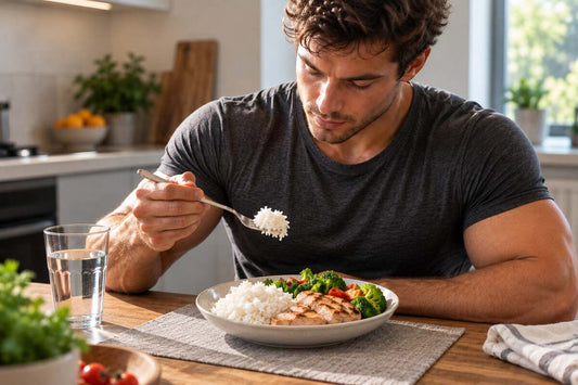 Male strength athlete eating a substantial chicken, rice and vegetable meal to support training