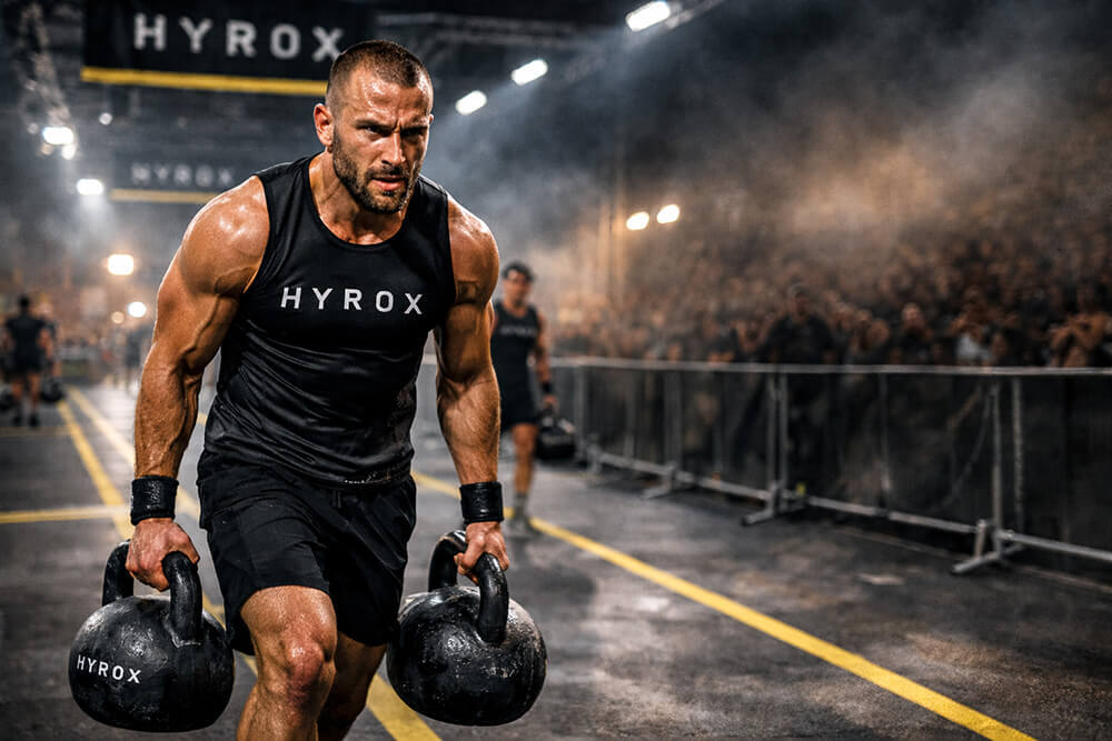 HYROX athlete carrying heavy kettlebells with forearms and hands under load