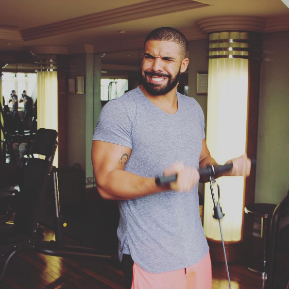 Drake training in a gym during his return to fitness after knee surgery