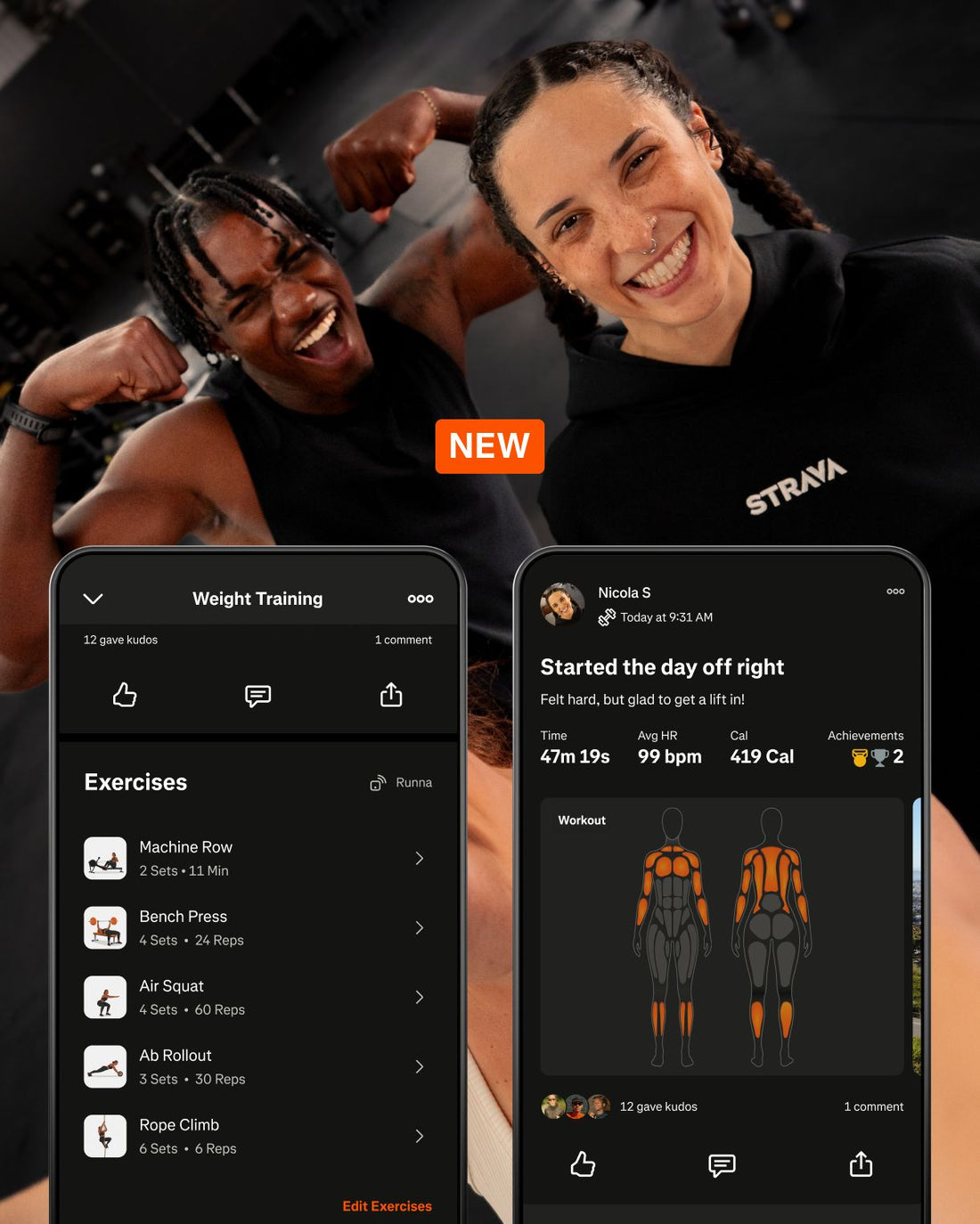 Strava strength-training promotional image with two athletes and mobile workout-log screens