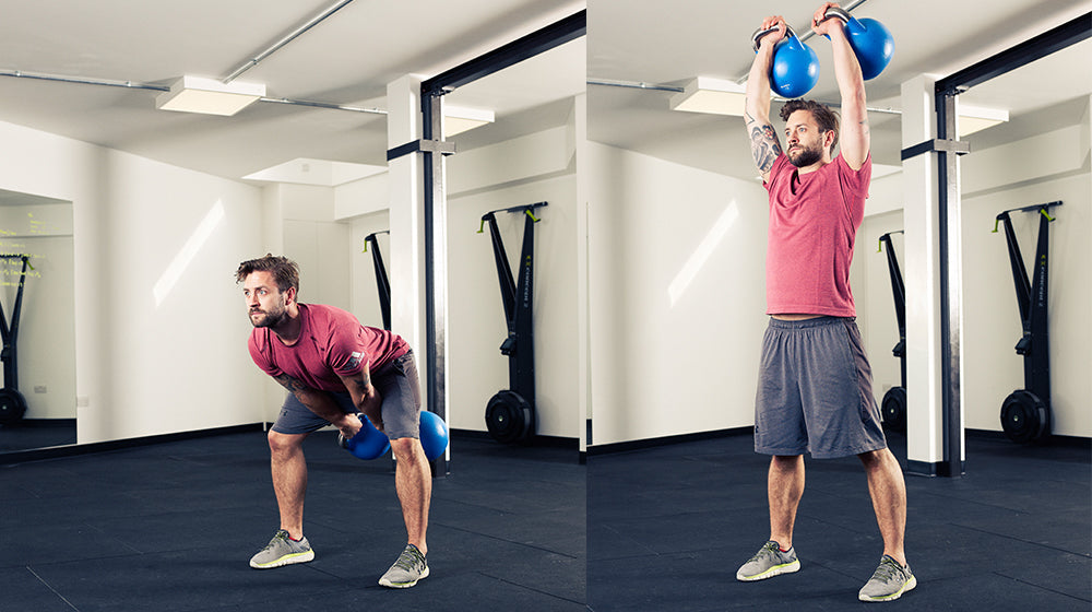 A man demonstrating two phases of a double kettlebell lift, from hip hinge to overhead lockout