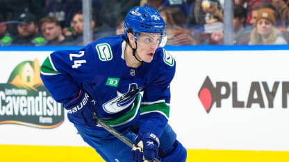 Zeev Buium skating for the Vancouver Canucks after signing his long-term extension