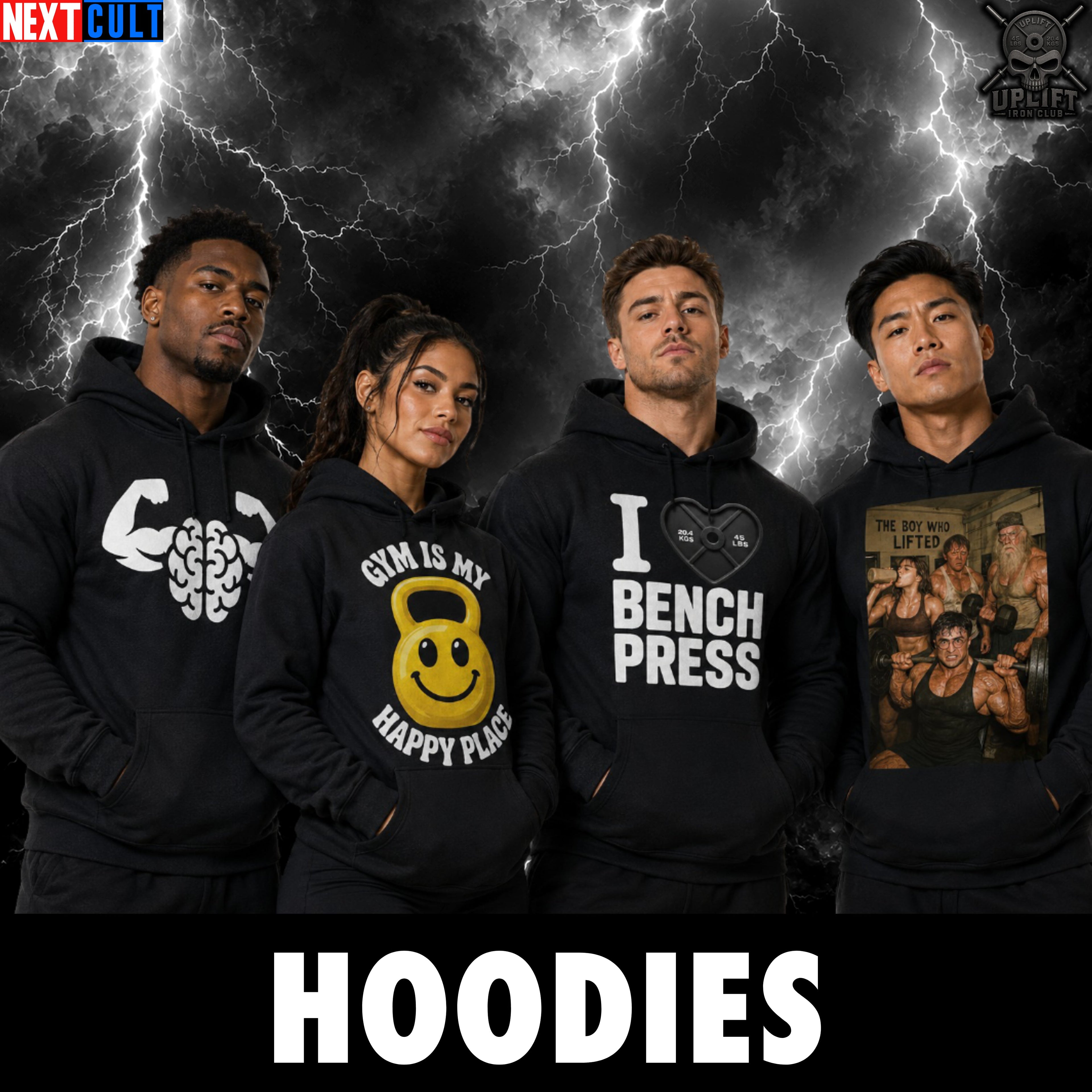 Gym hoodies and workout pullovers with bold fitness graphic designs for lifters, bodybuilders, and gym rats