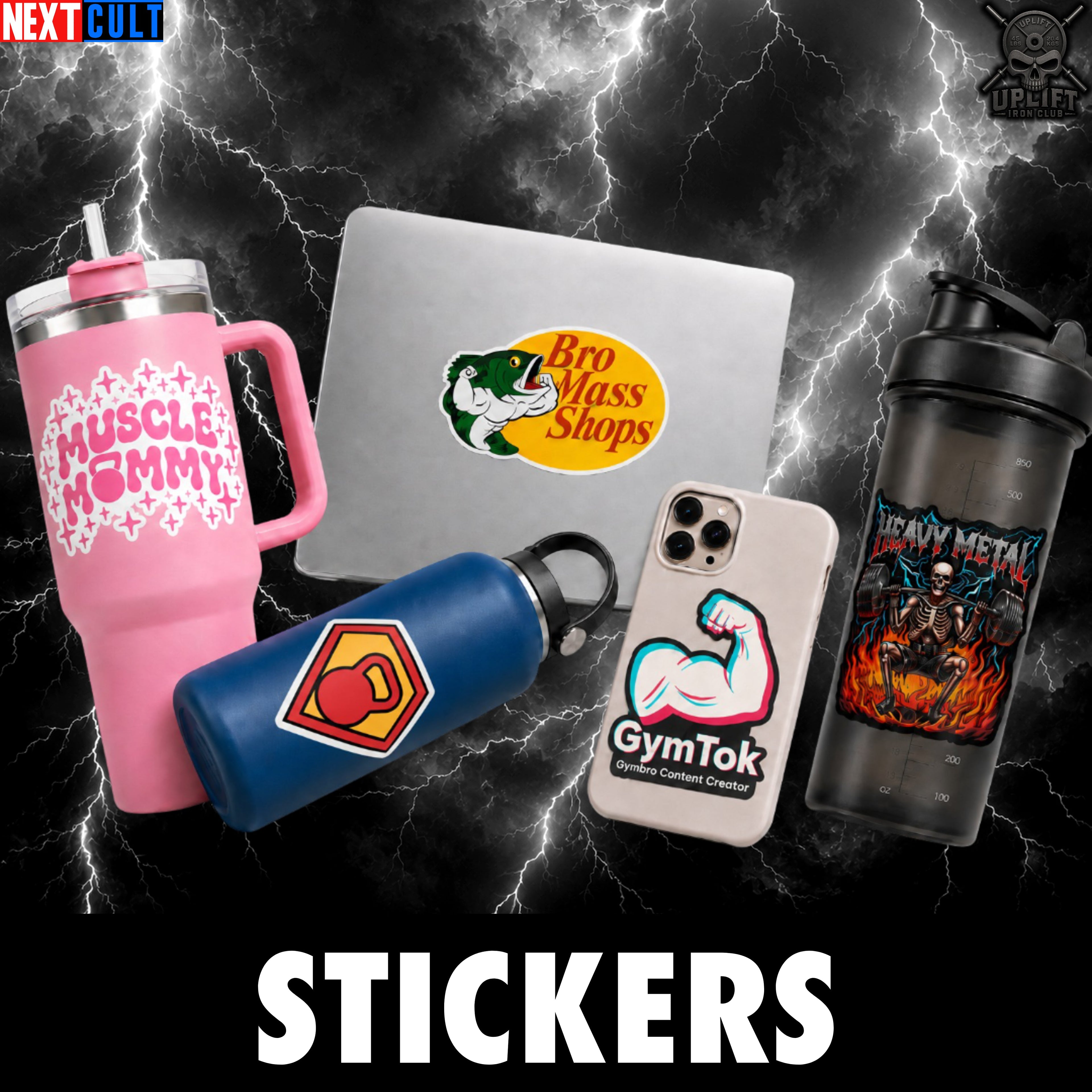 Gym stickers and funny workout decals on water bottles, laptops, shakers, and fitness accessories for lifters
