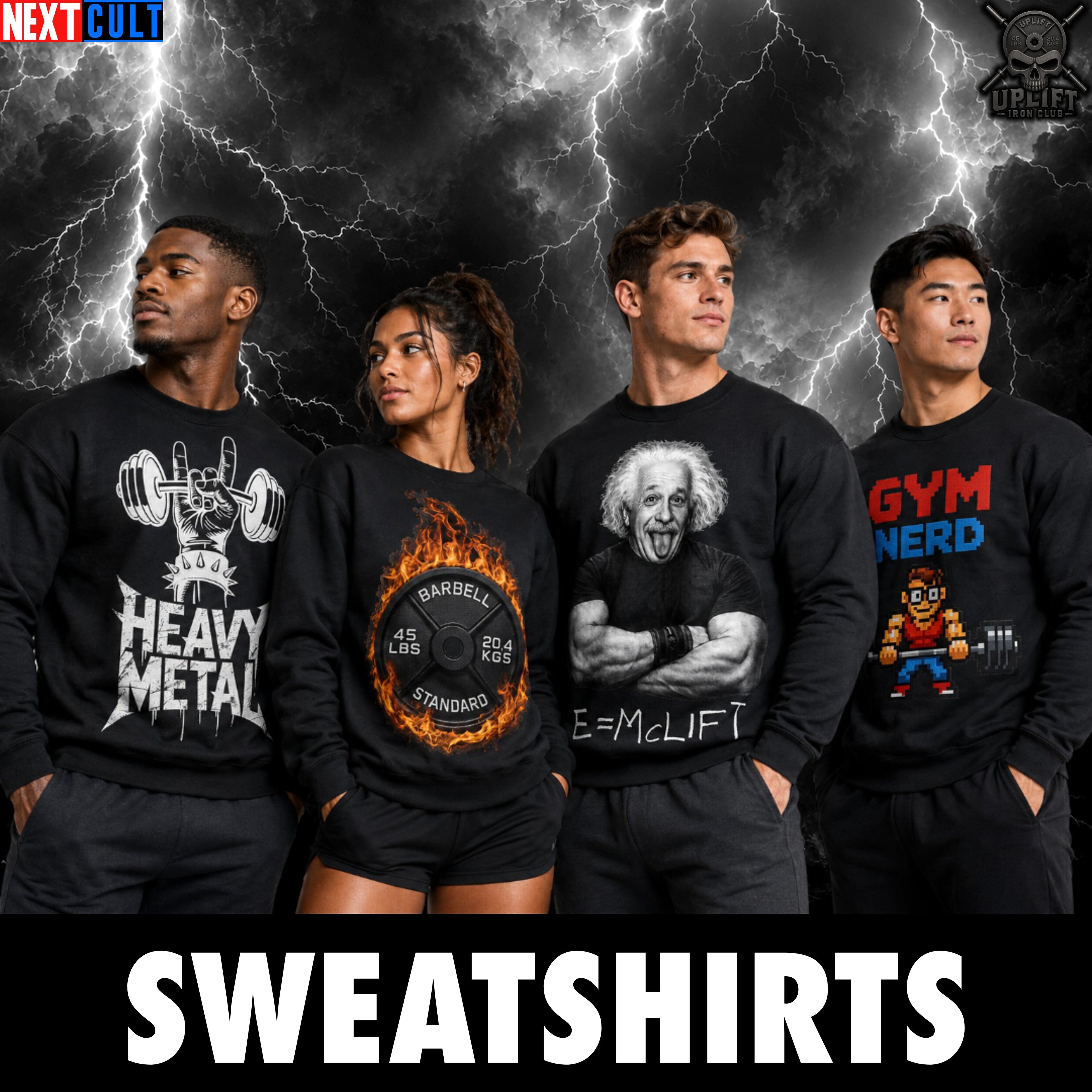 Gym sweatshirts and workout pump cover crewnecks with bold fitness graphic designs for lifters and gym rats