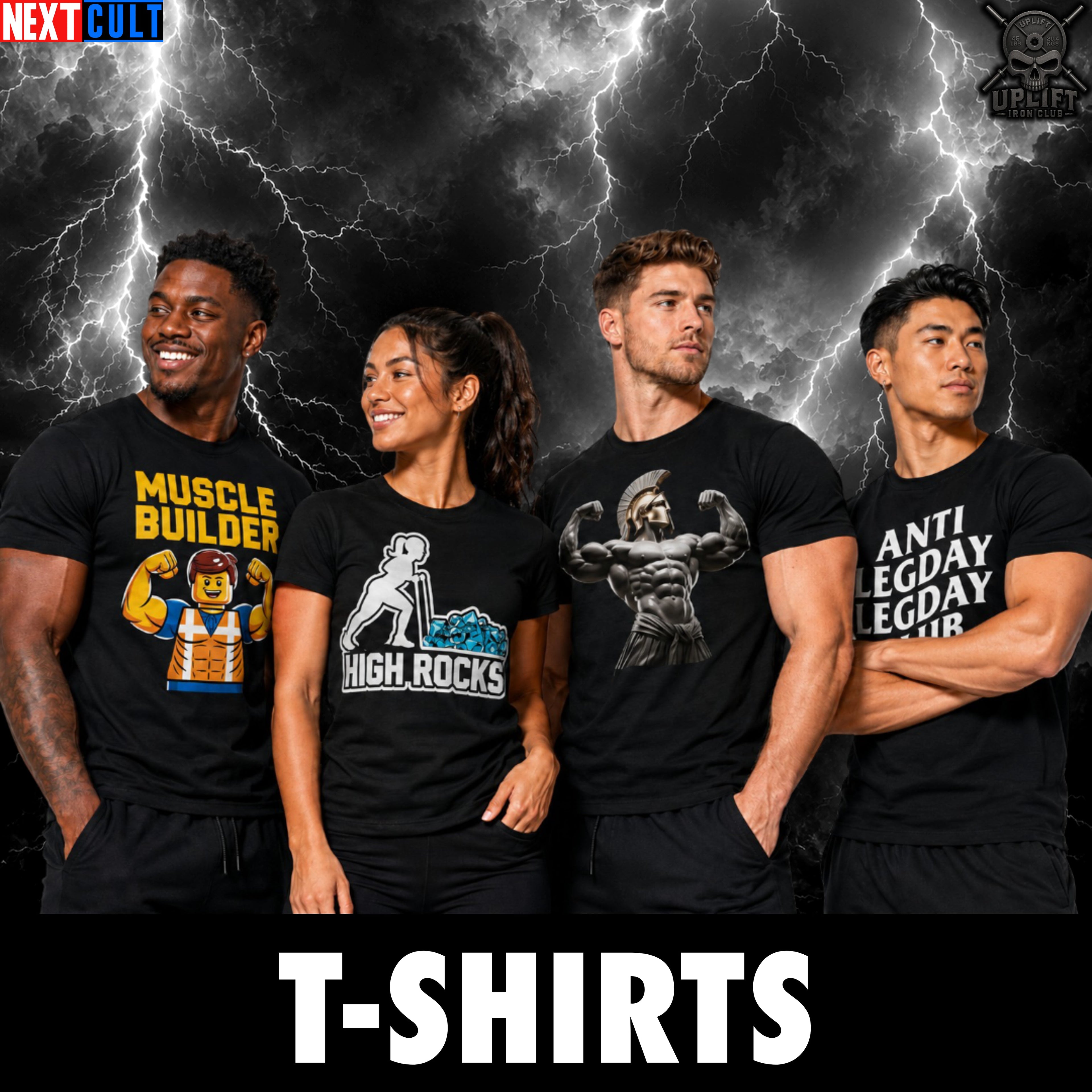 Gym t-shirts and workout tees with bold fitness graphic designs for lifters, bodybuilders, gym rats, and workout fans