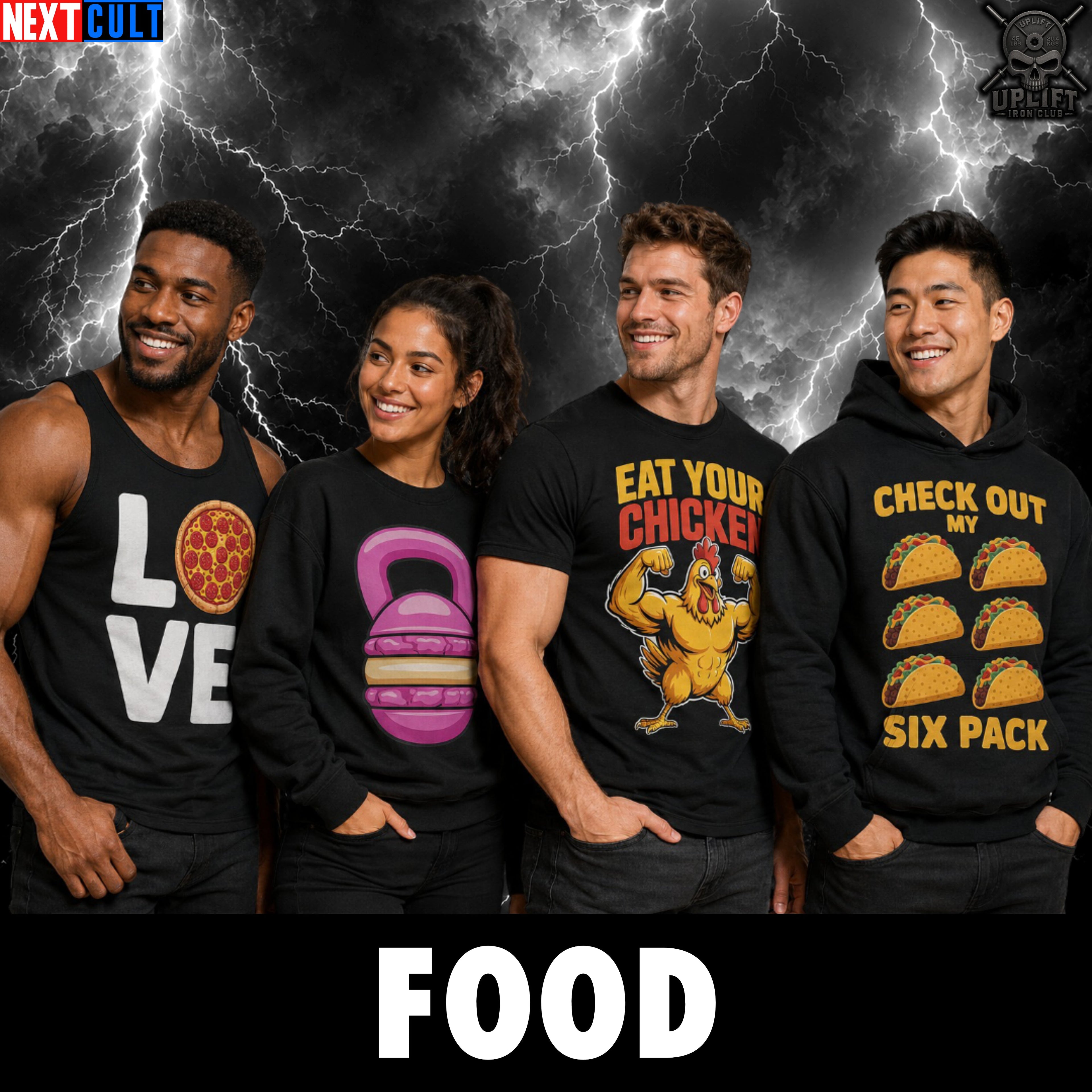 Funny food gym shirts featuring a humorous print of a workout plate on a black background