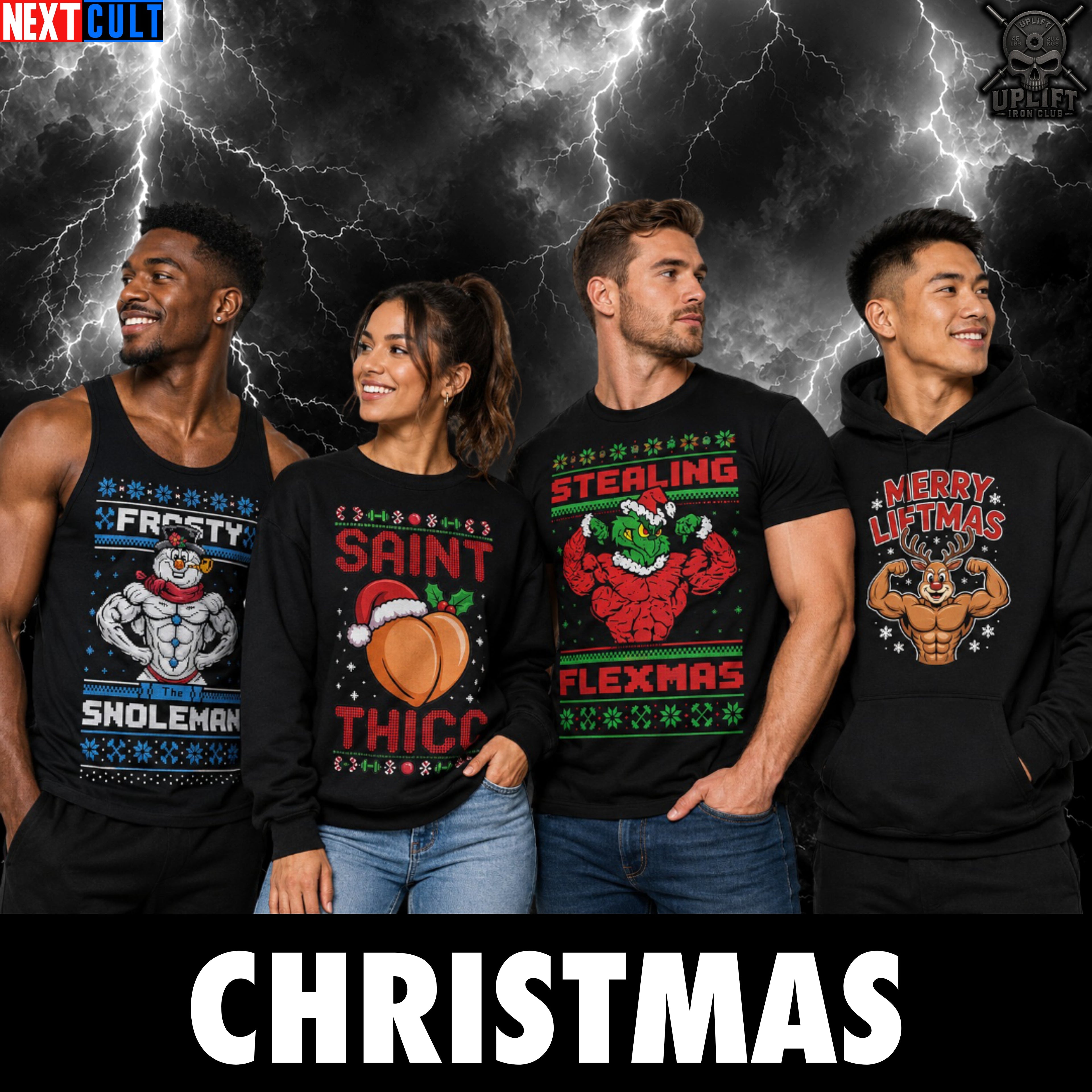 Funny Christmas gym shirts featuring a muscular Santa Claus design with the text Merry Fitmas