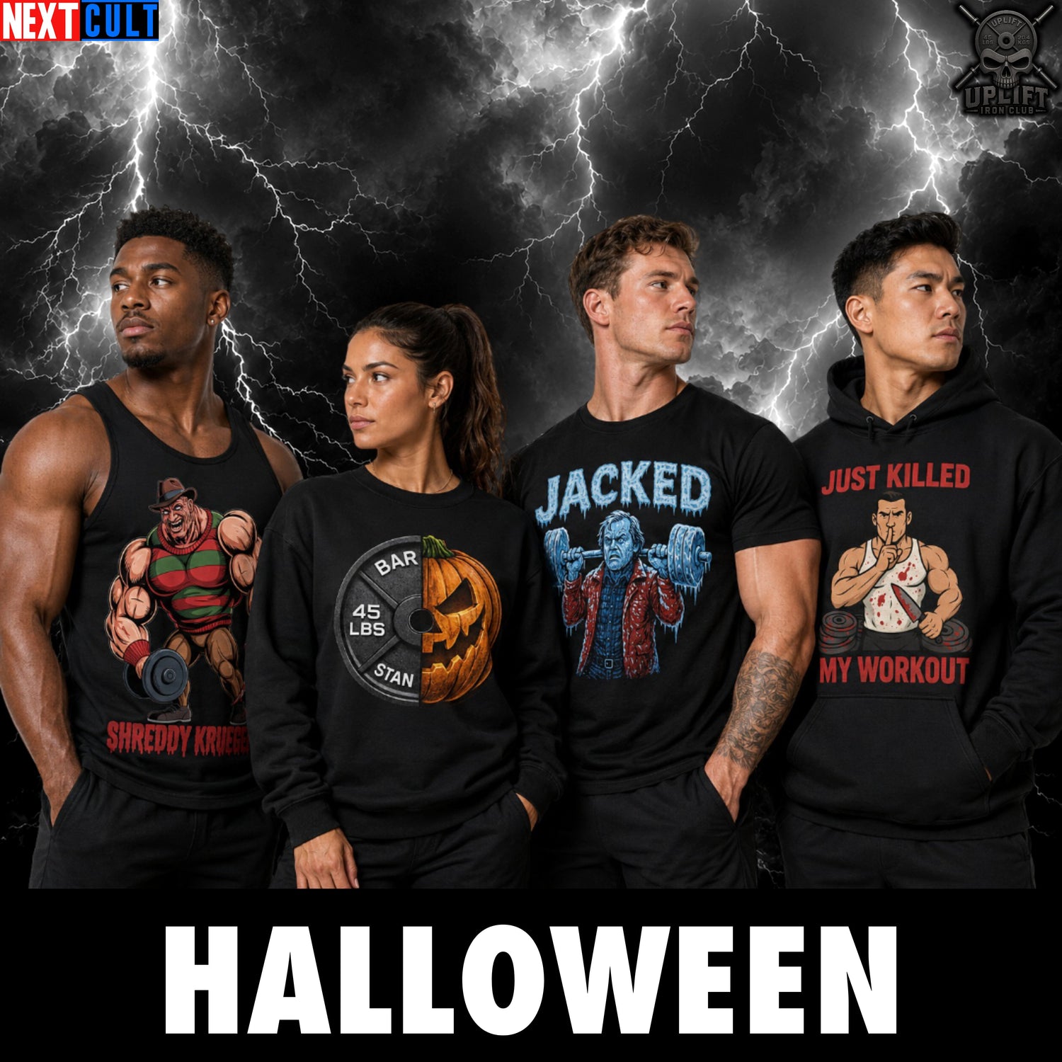 Funny Halloween gym shirts featuring a strong pumpkin design for spooky workout sessions