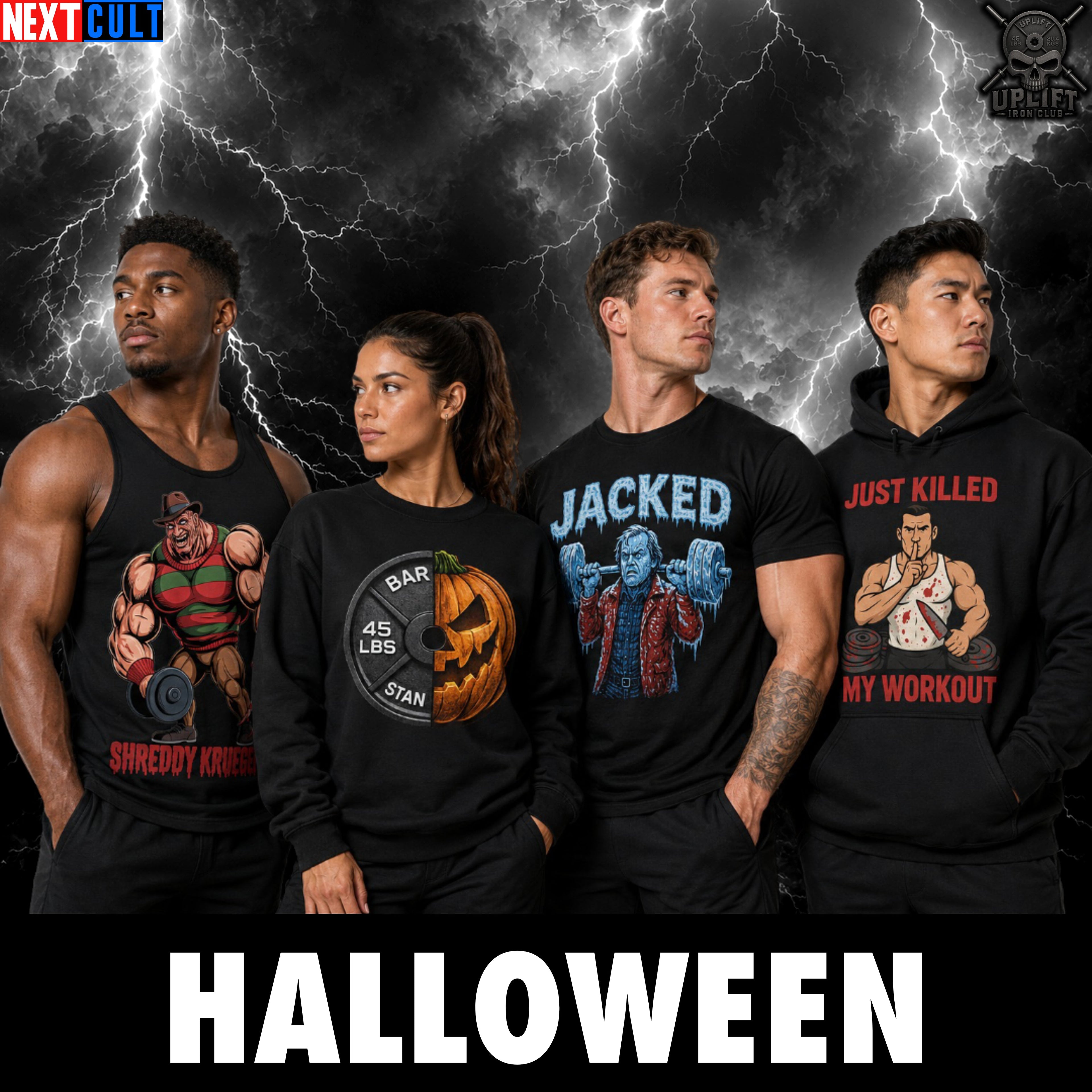 Funny Halloween gym shirts featuring a strong pumpkin design for spooky workout sessions