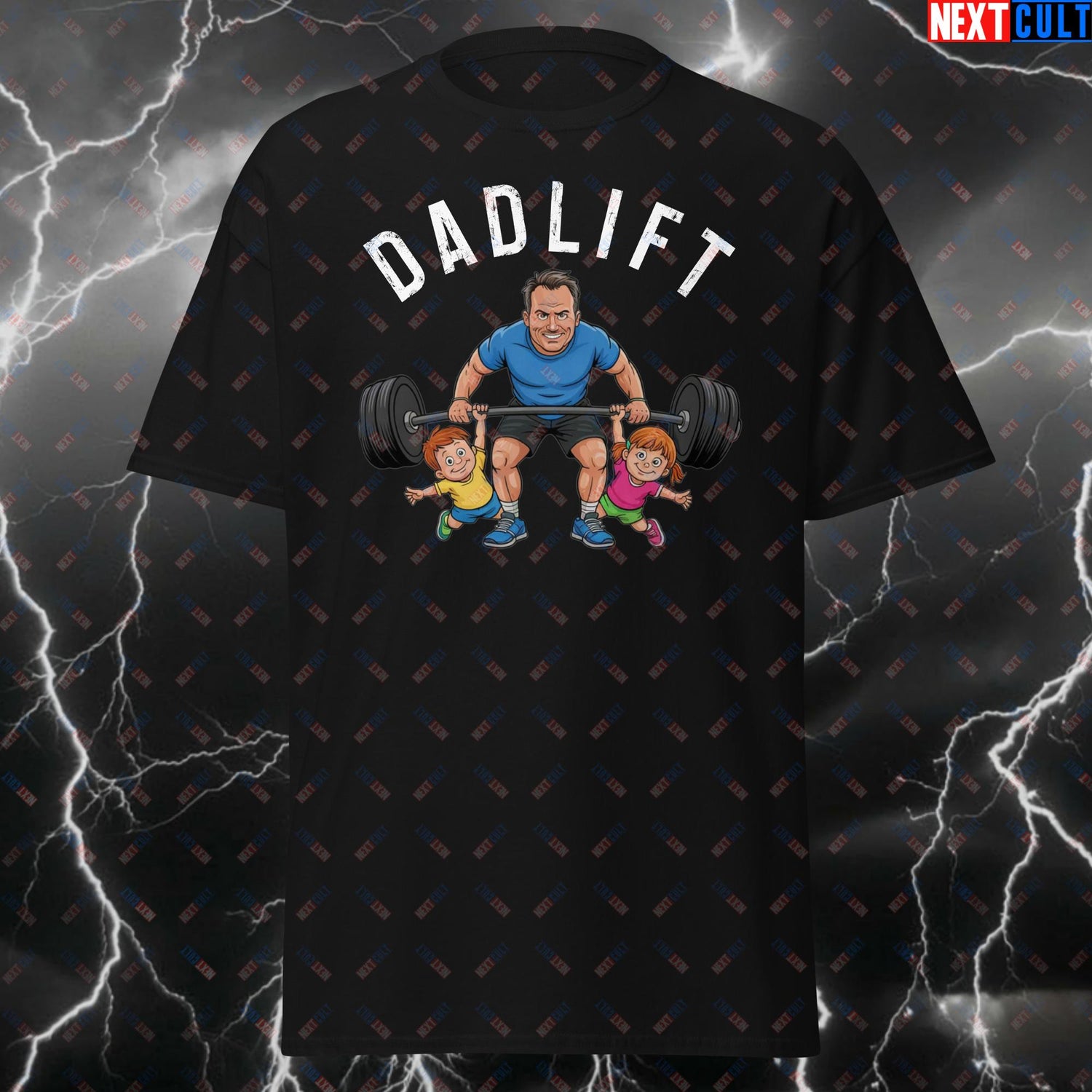 Funny Father's Day gym shirts featuring a humorous dad lifting weights with kids as weights