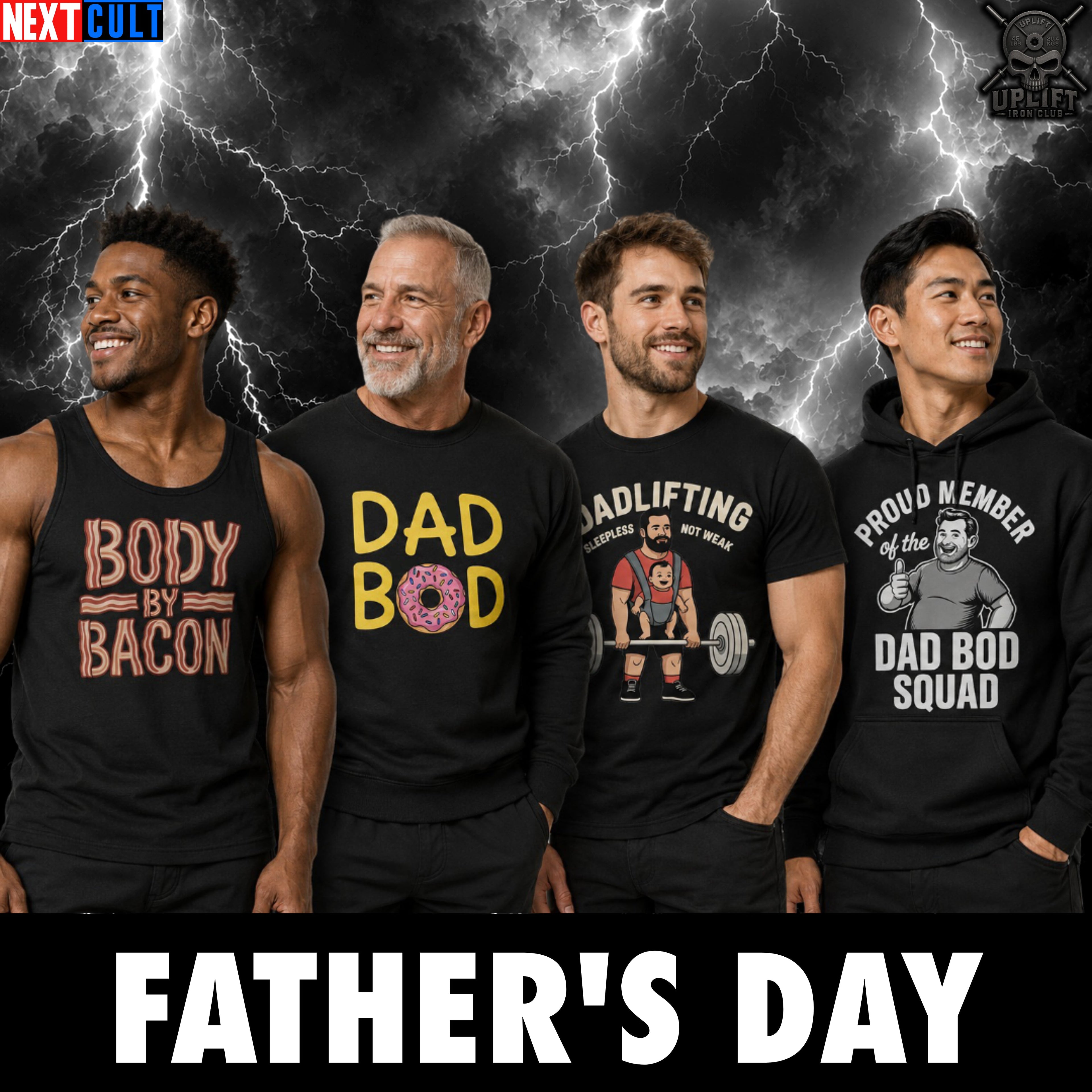 Funny Father's Day gym shirts featuring a humorous dad lifting weights with kids as weights