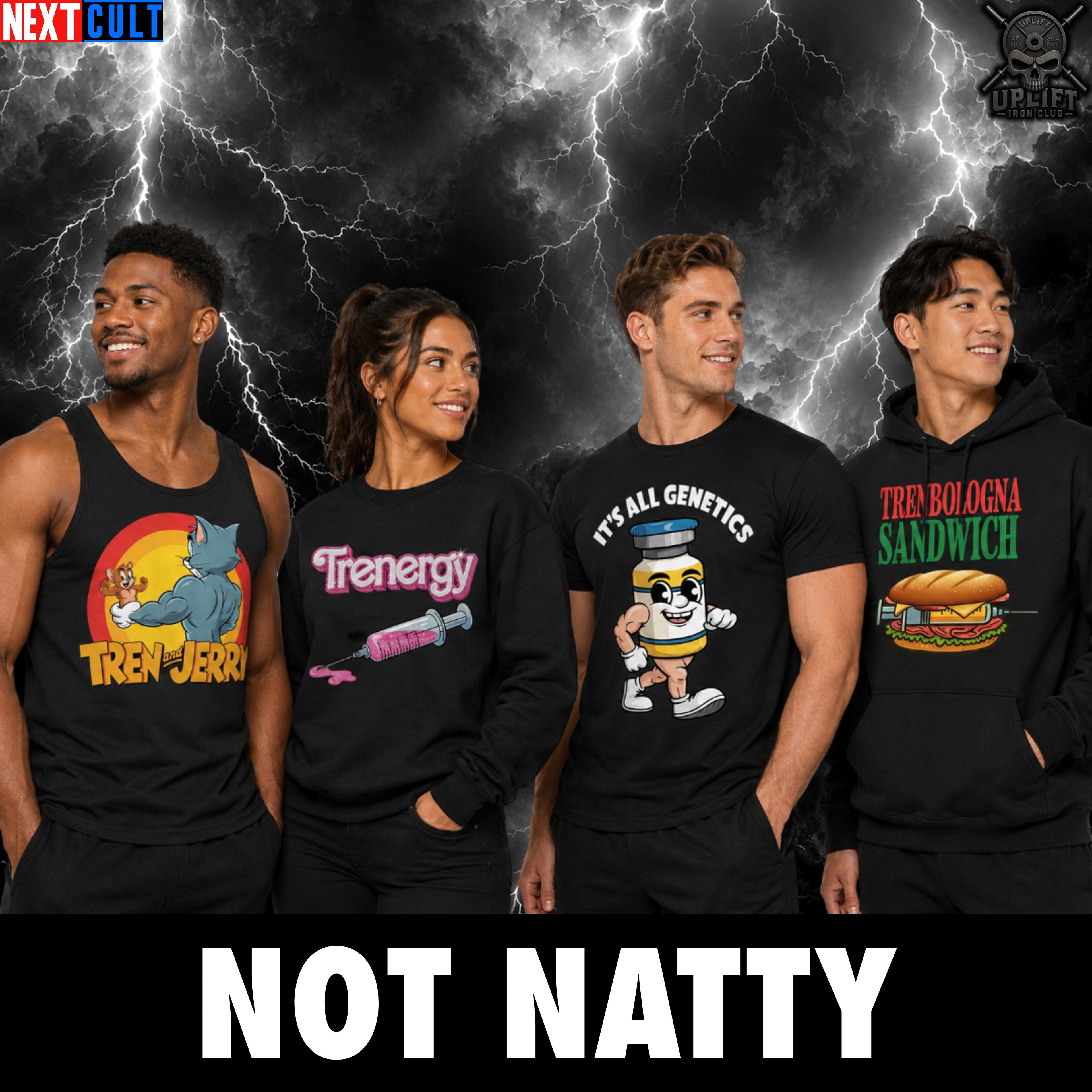 Funny not natty gym shirts featuring a cartoon character with a humorous message about genetics