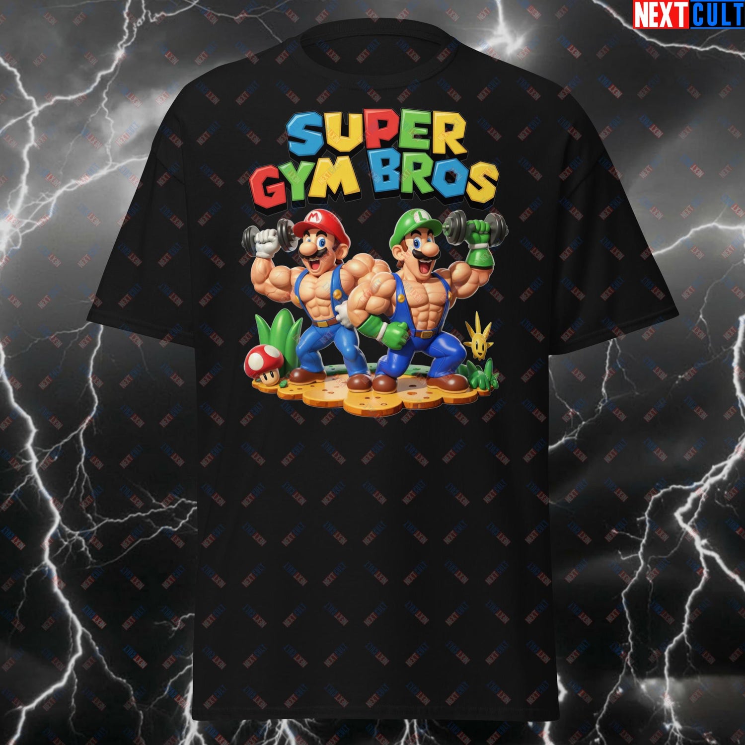 Funny video game themed gym shirts featuring Super Gym Bros lifting weights and working out