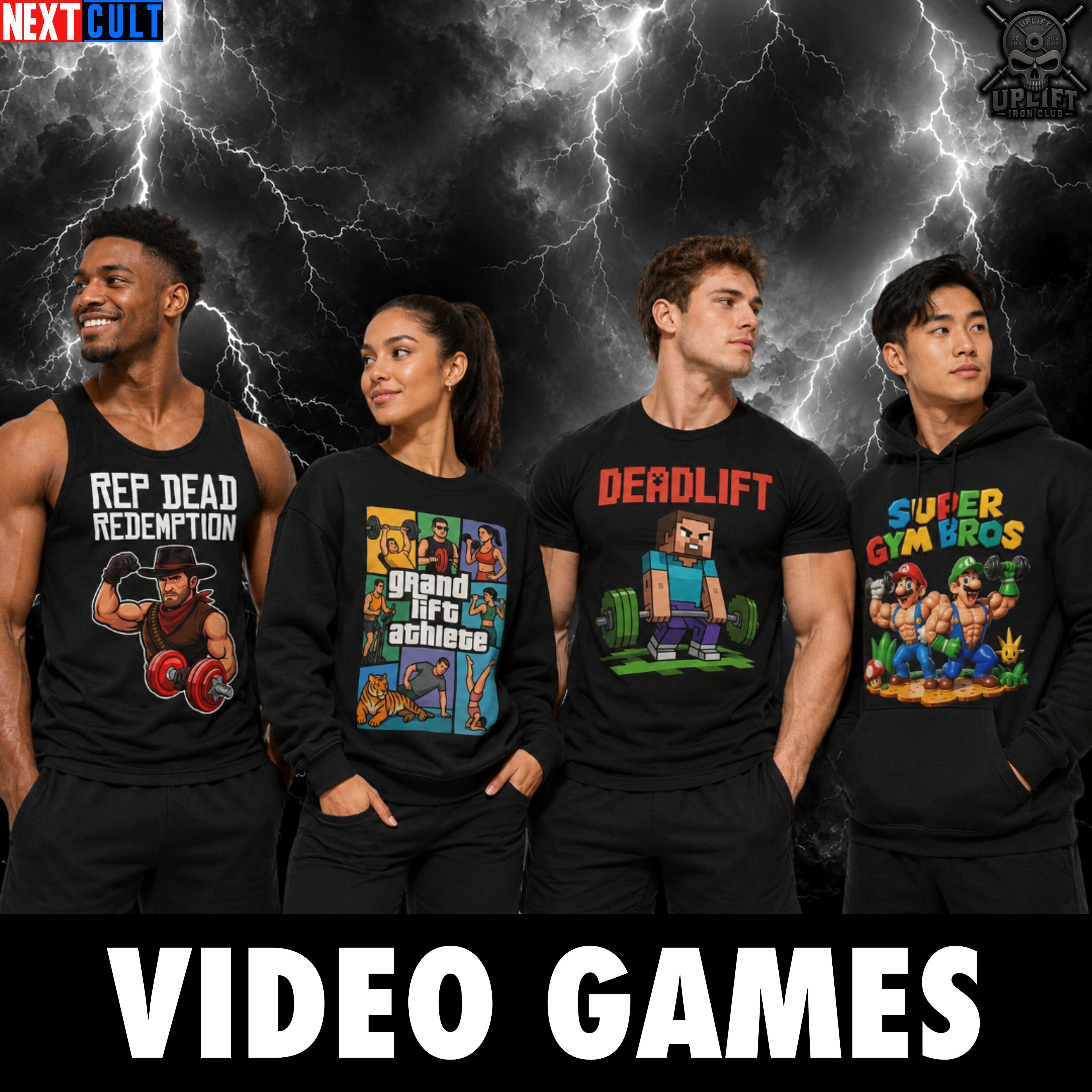 Funny video game themed gym shirts featuring Super Gym Bros lifting weights and working out