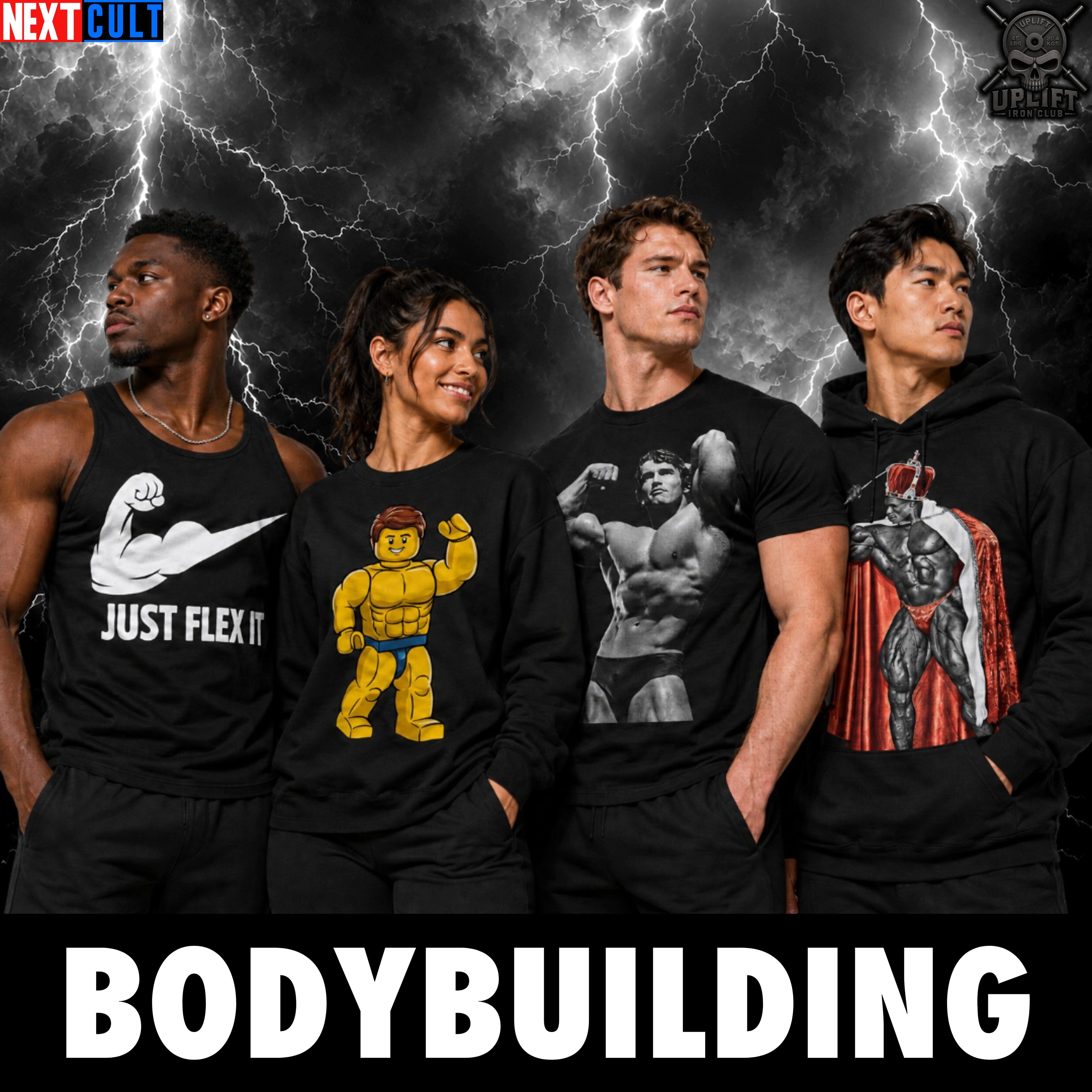 Bodybuilding shirts, gym hoodies, tank tops, and pump cover apparel with bold fitness graphics for lifters