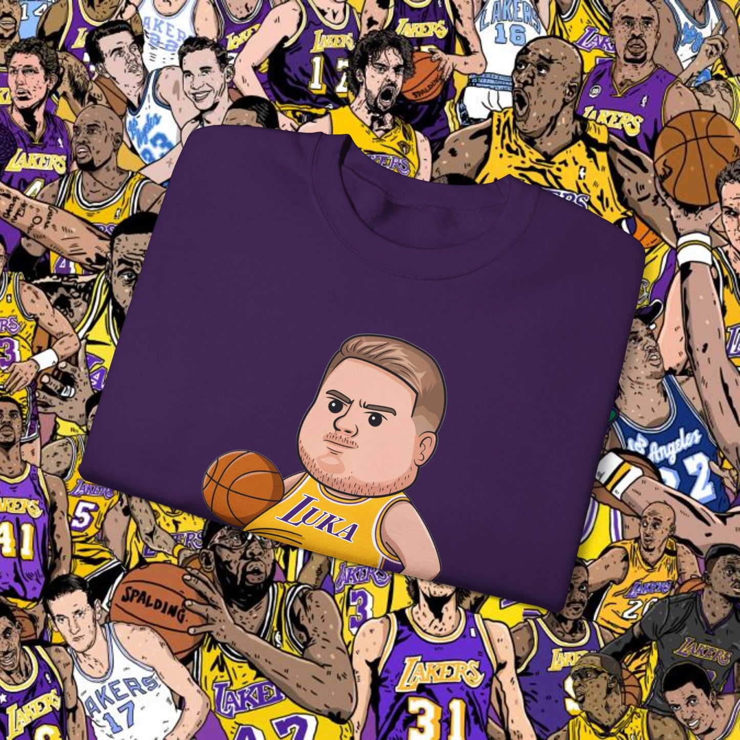 Fat Luka Doncic Los Angeles Lakers NBA Basketball Funny Meme Cartoon Crewneck Sweatshirt Sweatshirts Basketball Los Angeles Lakers Luka Doncic NBA Printify