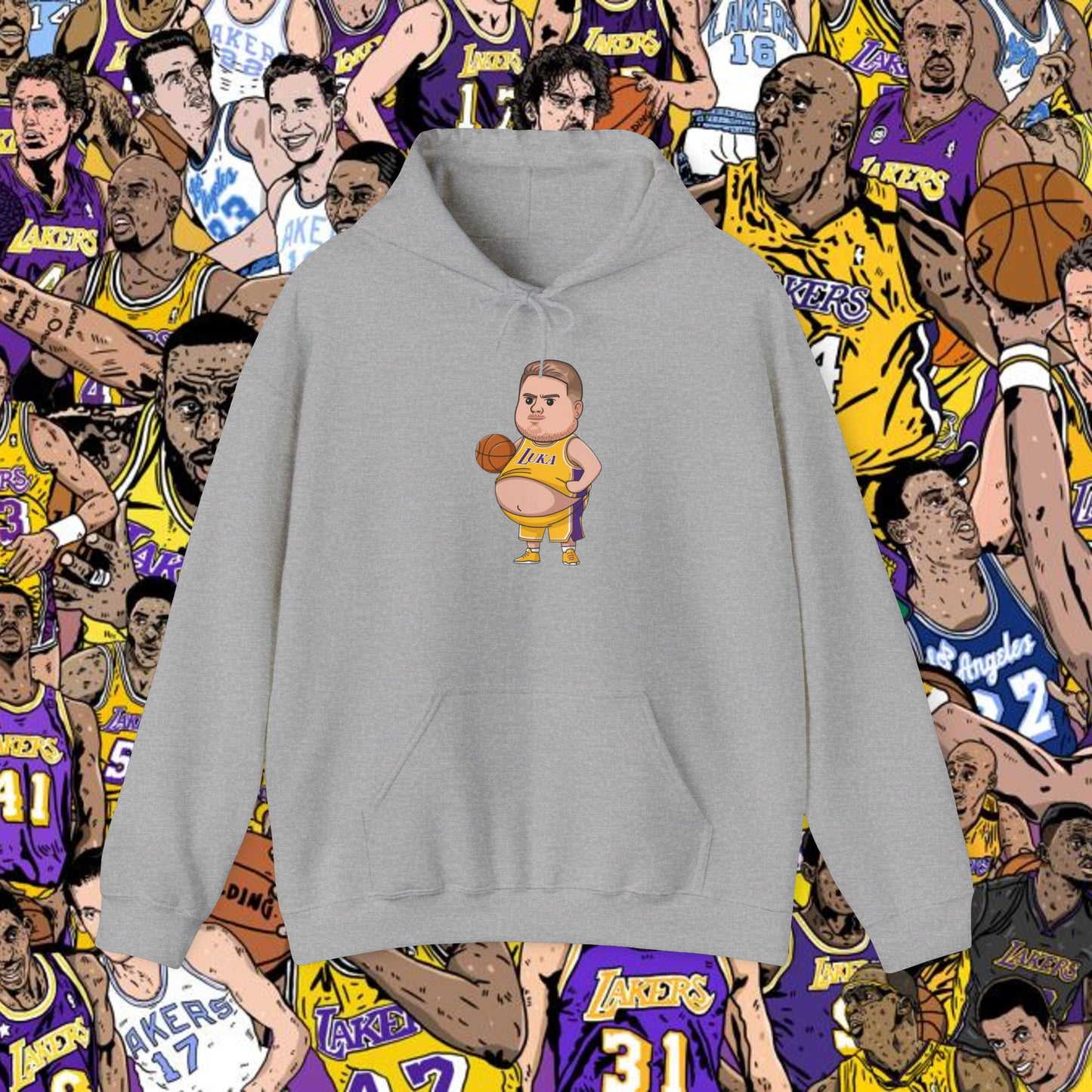 Fat Luka Doncic Los Angeles Lakers NBA Basketball Funny Meme Cartoon - Unisex Hoodie for Lakers Fans Sport Grey Hoodies Basketball Los Angeles Lakers Luka Doncic NBA Printify