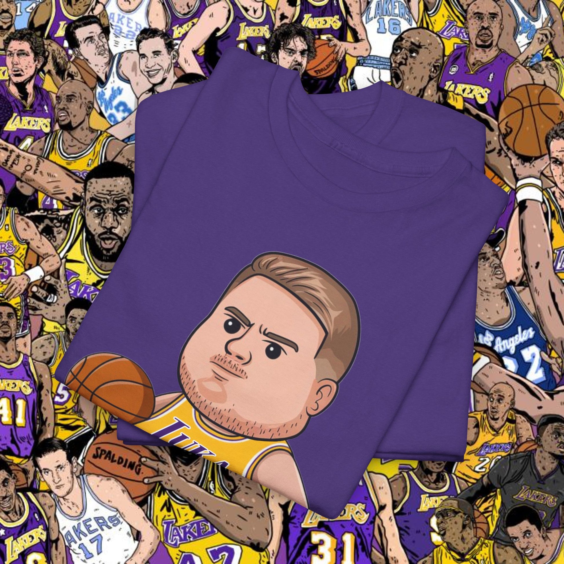 Fat Luka Doncic Los Angeles Lakers NBA Basketball Funny Meme Cartoon Unisex Heavy Cotton Tee T-shirts Basketball Los Angeles Lakers Luka Doncic NBA Printify