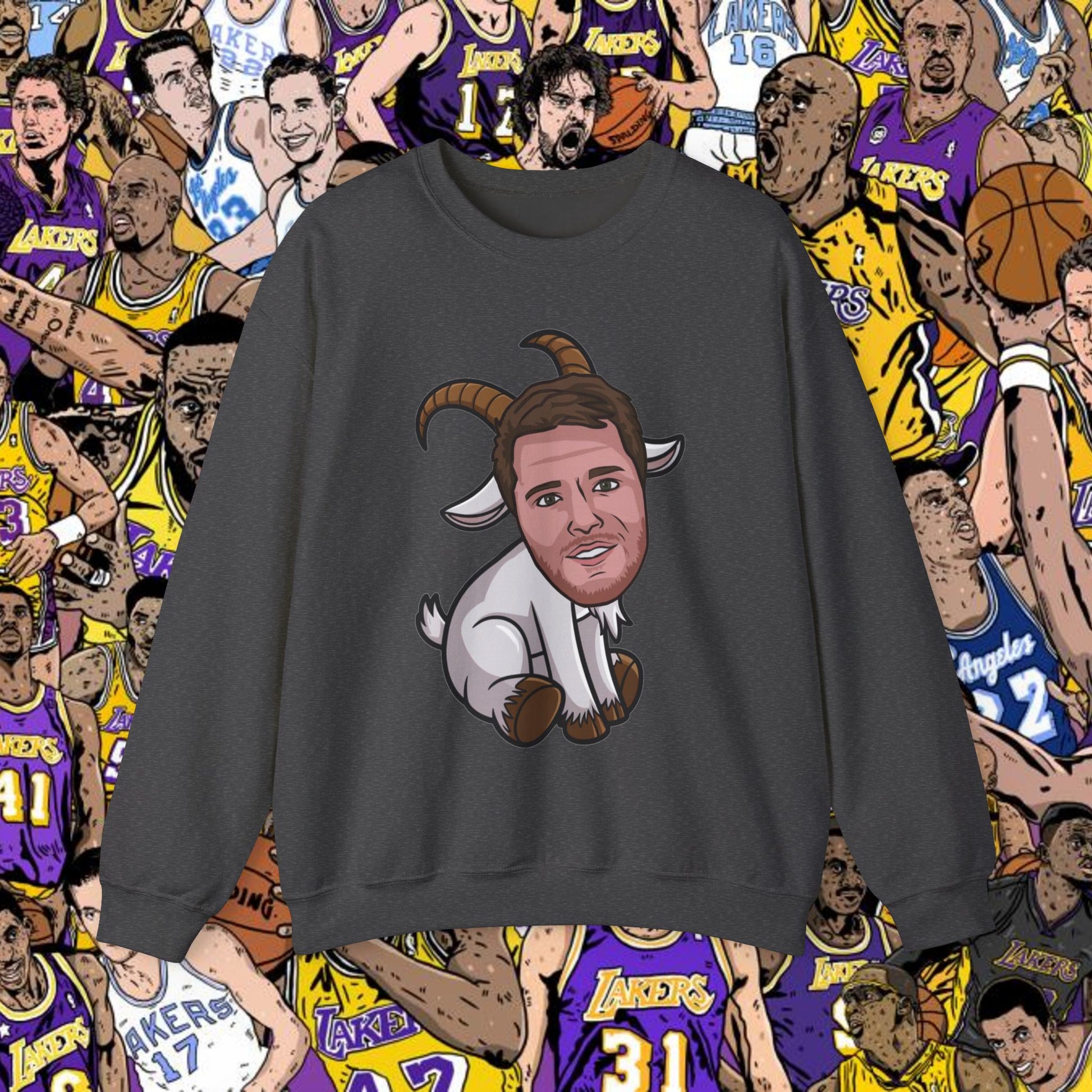 Luka Doncic G.O.A.T. Sweatshirt - Funny Basketball Meme Jumper - Greatest of All Time Pullover for Basketball Fans - Perfect Gift for Luka Fans Dark Heather Sweatshirts Basketball G.O.A.T. Los Angeles Lakers Luka Doncic NBA Printify