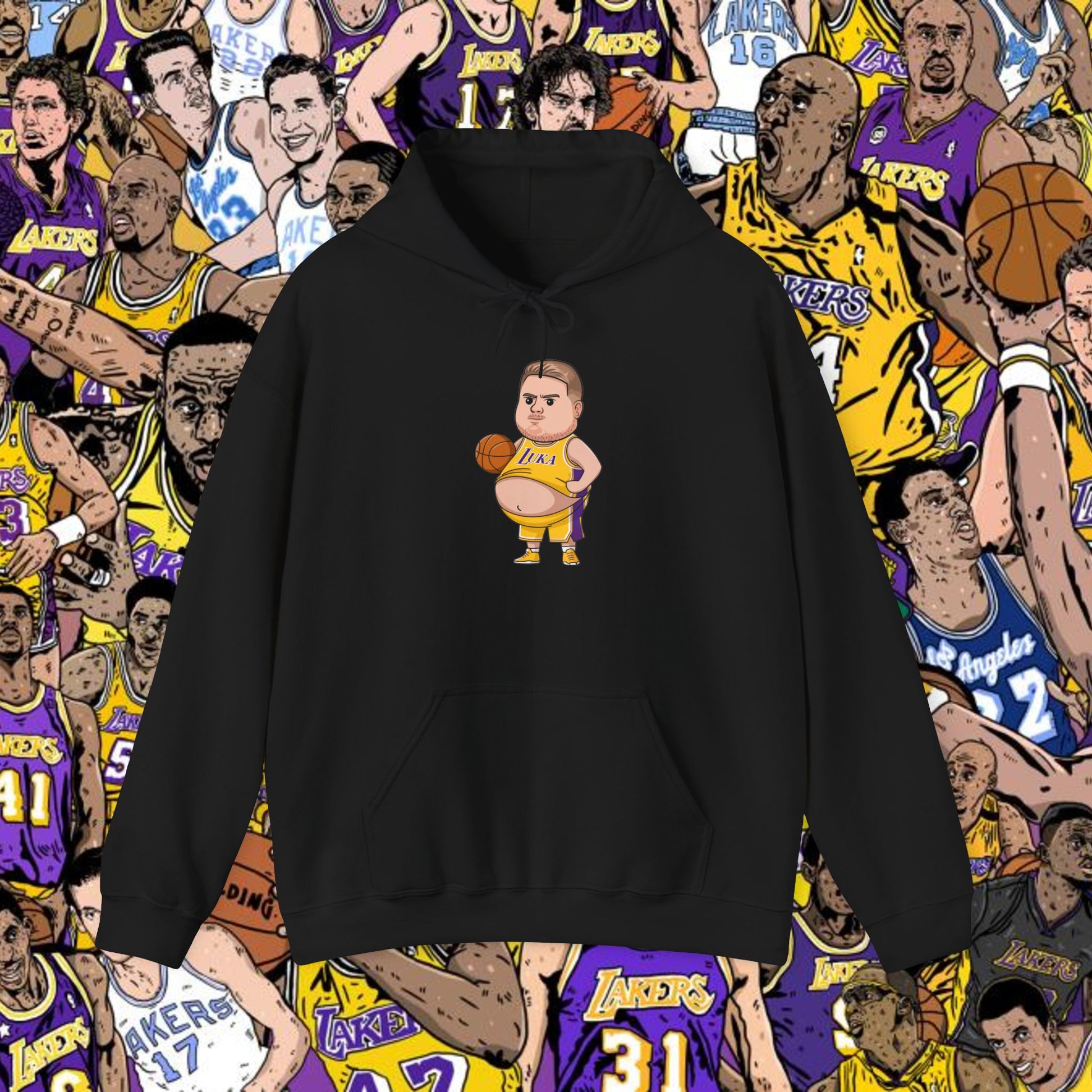 Fat Luka Doncic Los Angeles Lakers NBA Basketball Funny Meme Cartoon - Unisex Hoodie for Lakers Fans Black Hoodies Basketball Los Angeles Lakers Luka Doncic NBA Printify