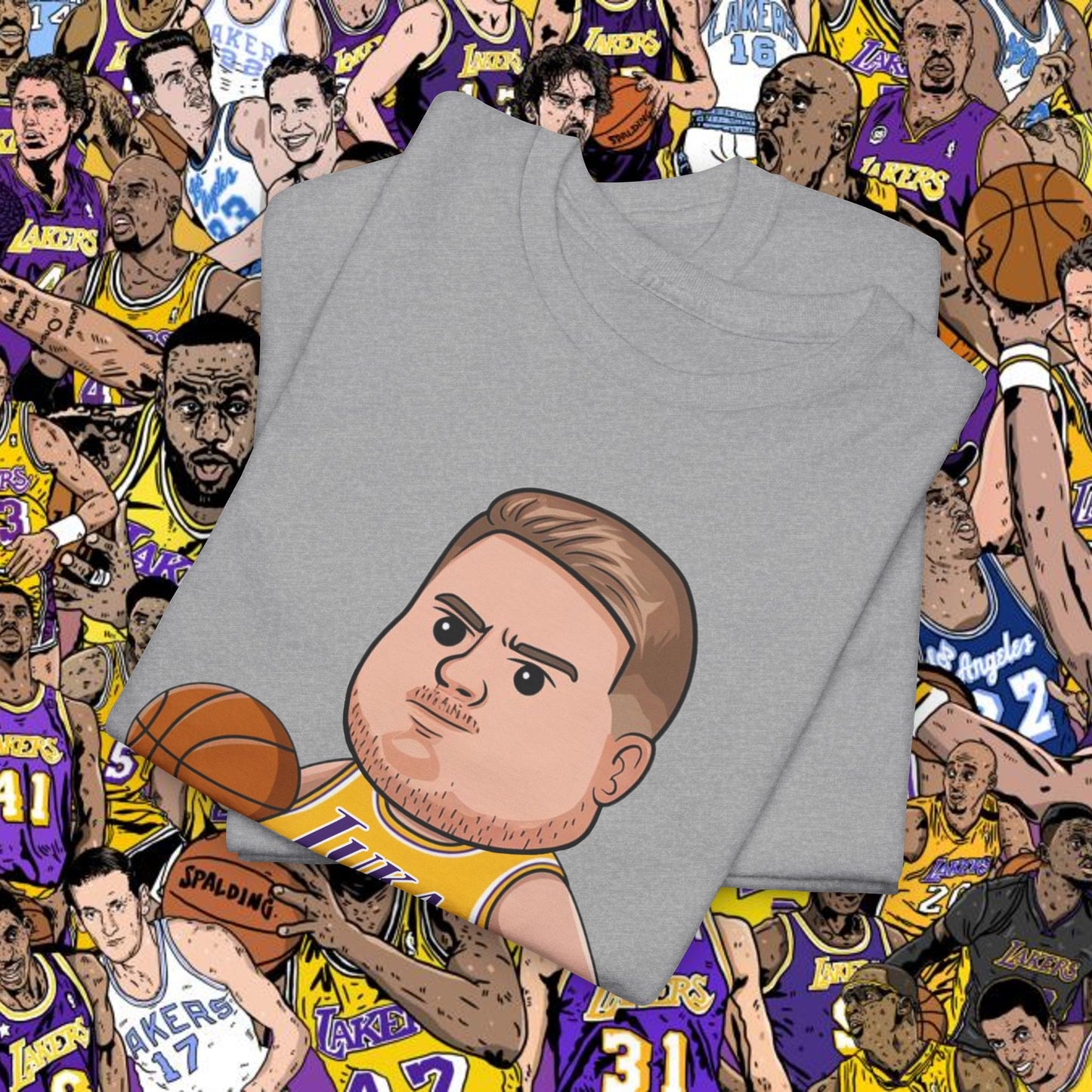 Fat Luka Doncic Los Angeles Lakers NBA Basketball Funny Meme Cartoon Unisex Heavy Cotton Tee T-shirts Basketball Los Angeles Lakers Luka Doncic NBA Printify