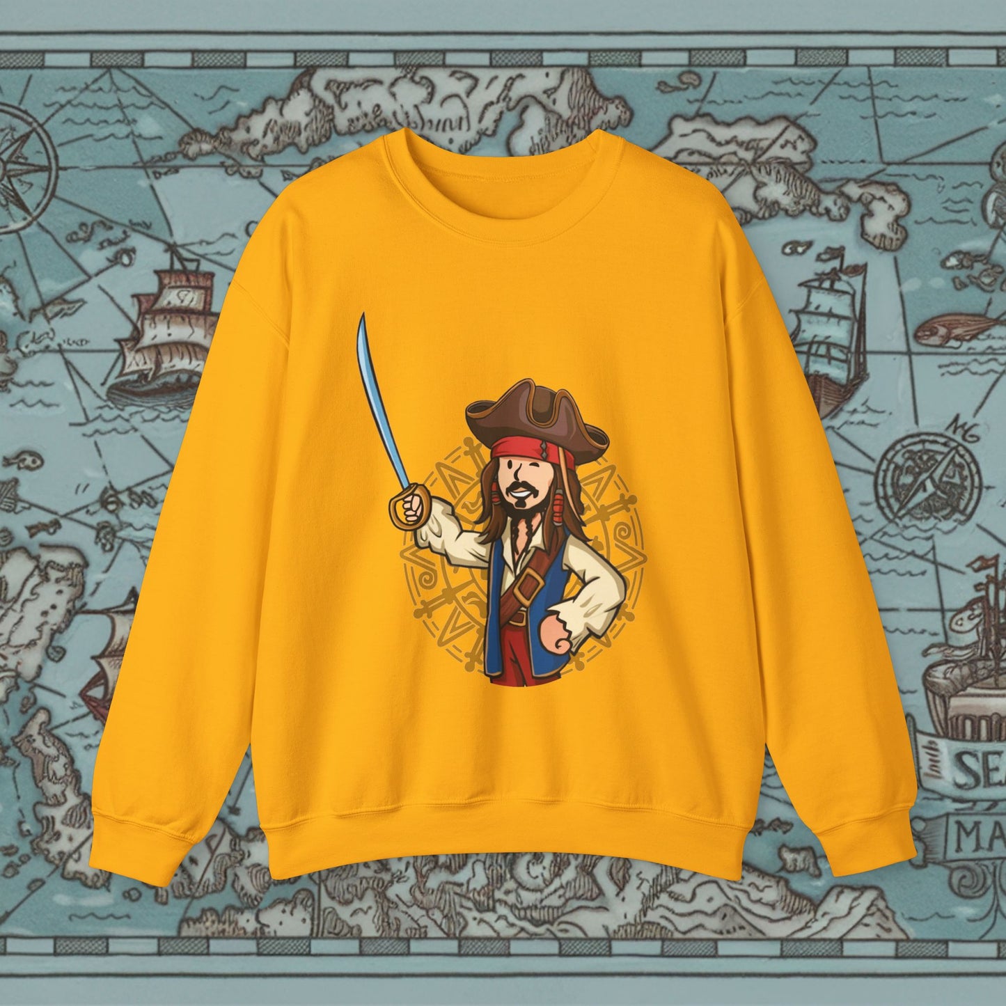 Captain Boy Jack Sparrow Pirates of the Caribbean Vault Boy Fallout Funny Meme Cartoon Mashup Unisex Heavy Blend Crewneck Sweatshirt