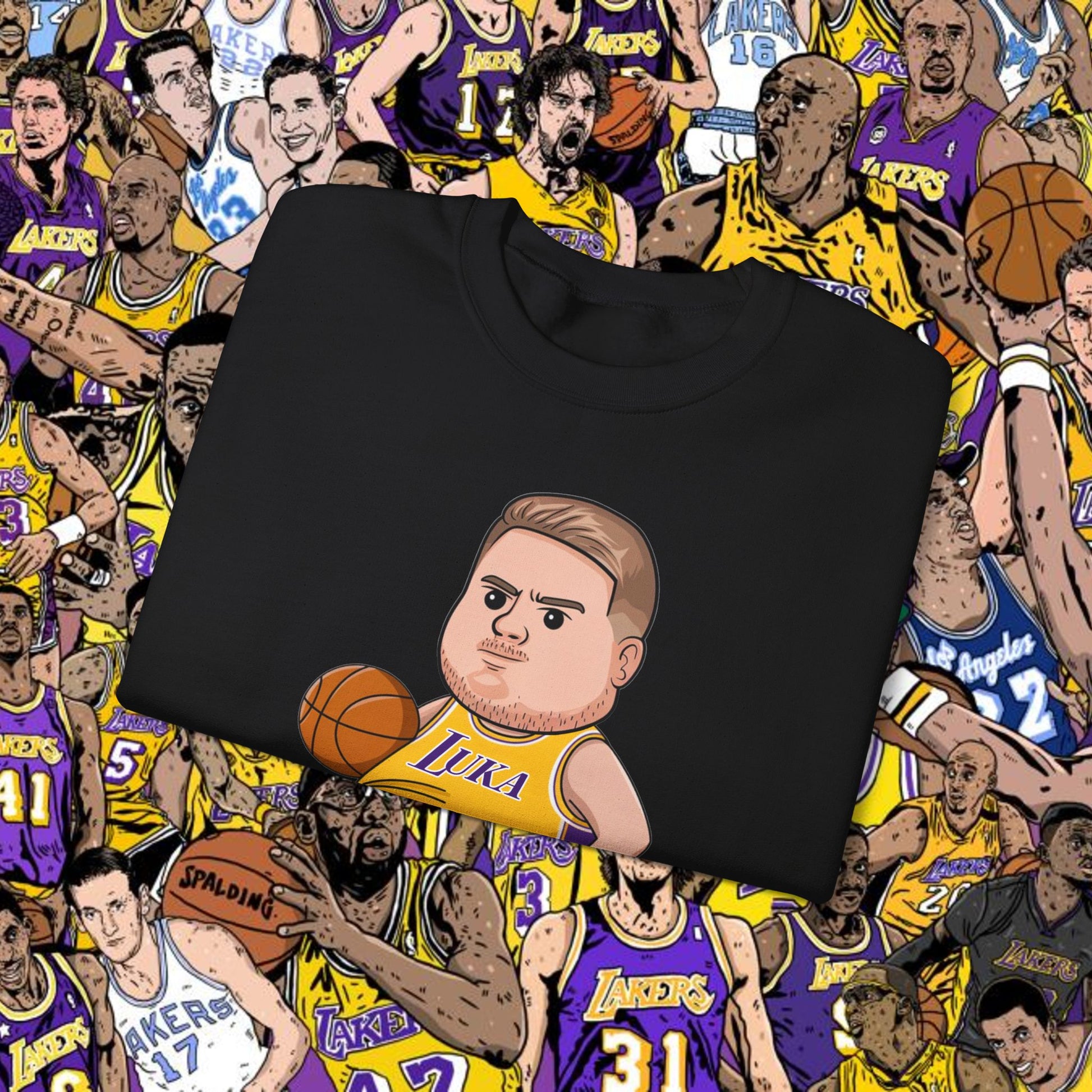 Fat Luka Doncic Los Angeles Lakers NBA Basketball Funny Meme Cartoon Crewneck Sweatshirt Sweatshirts Basketball Los Angeles Lakers Luka Doncic NBA Printify