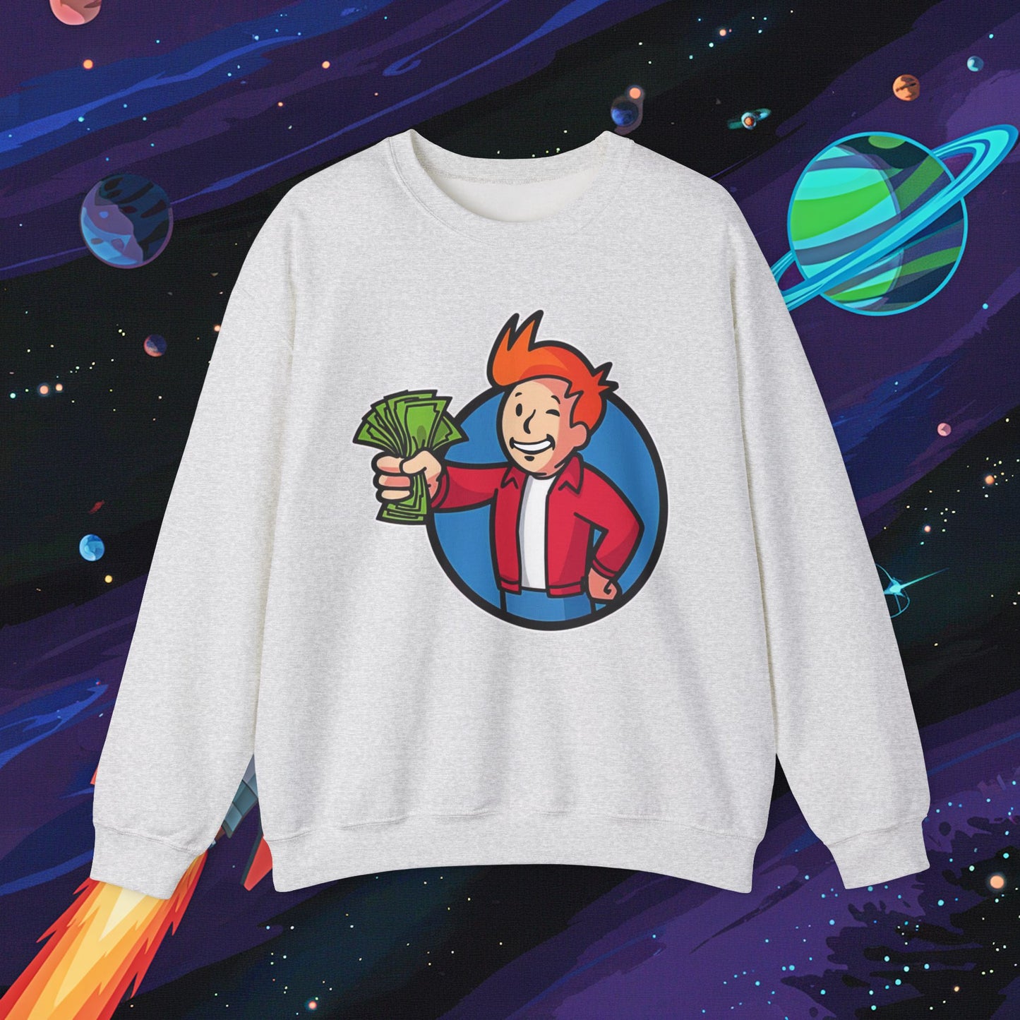 Shut Up And Take My Money Fry Boy Futurama Vault Boy Fallout Funny Cartoon Mashup Unisex Heavy Blend Crewneck Sweatshirt